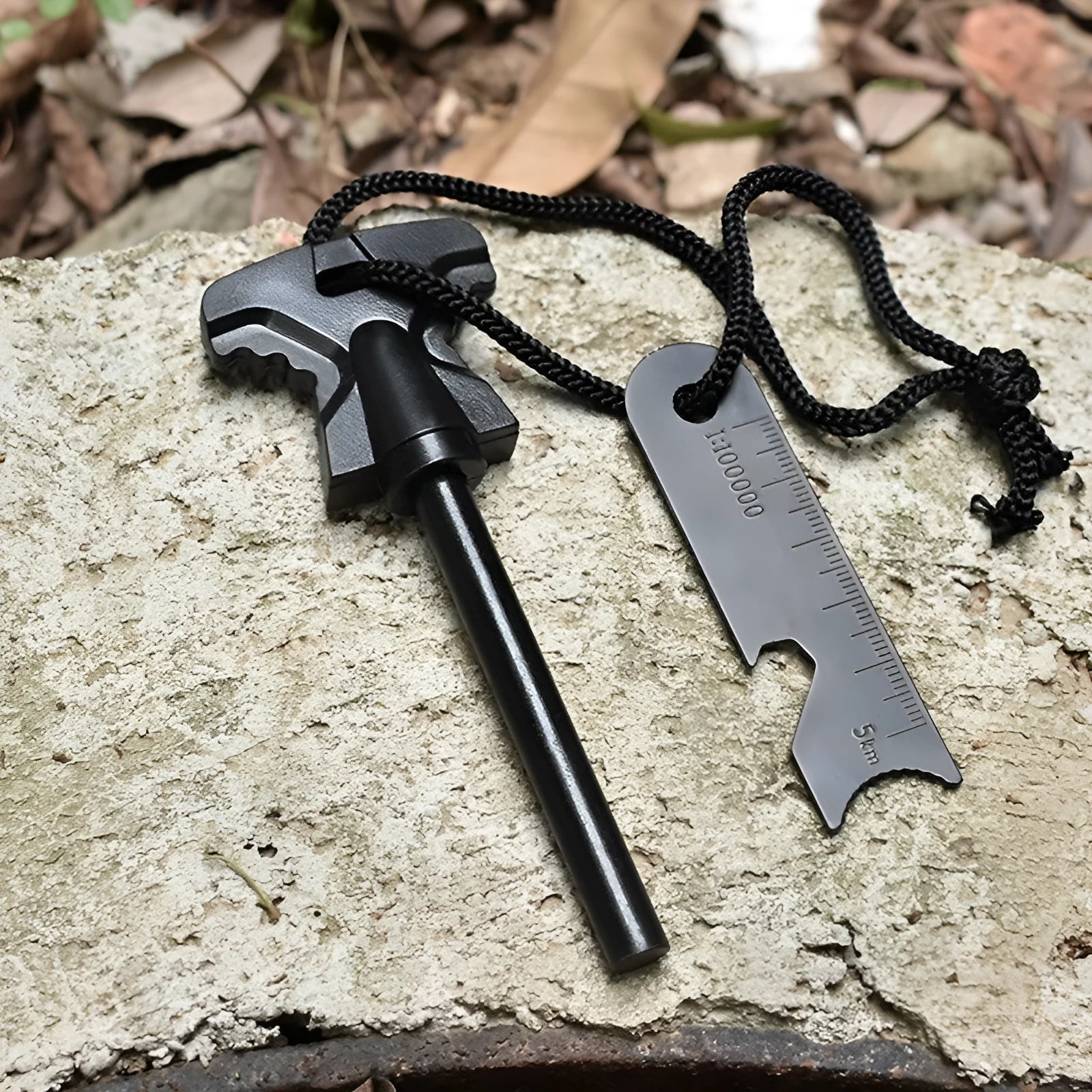 Stainless steel butterfly-shaped fire starter tool with integrated bottle opener.