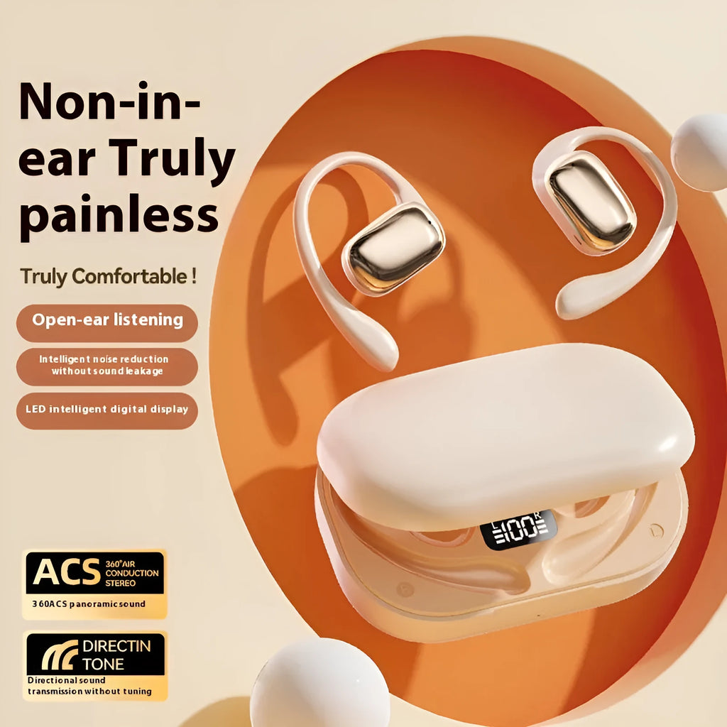 Ear-mounted wireless headphones in black with a small digital display screen on the side.