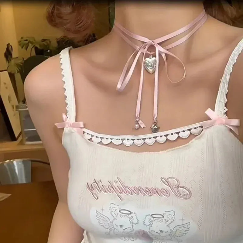 Women's alloy necklace with love pendant and ribbon charm on clavicle chain in electroplated finish