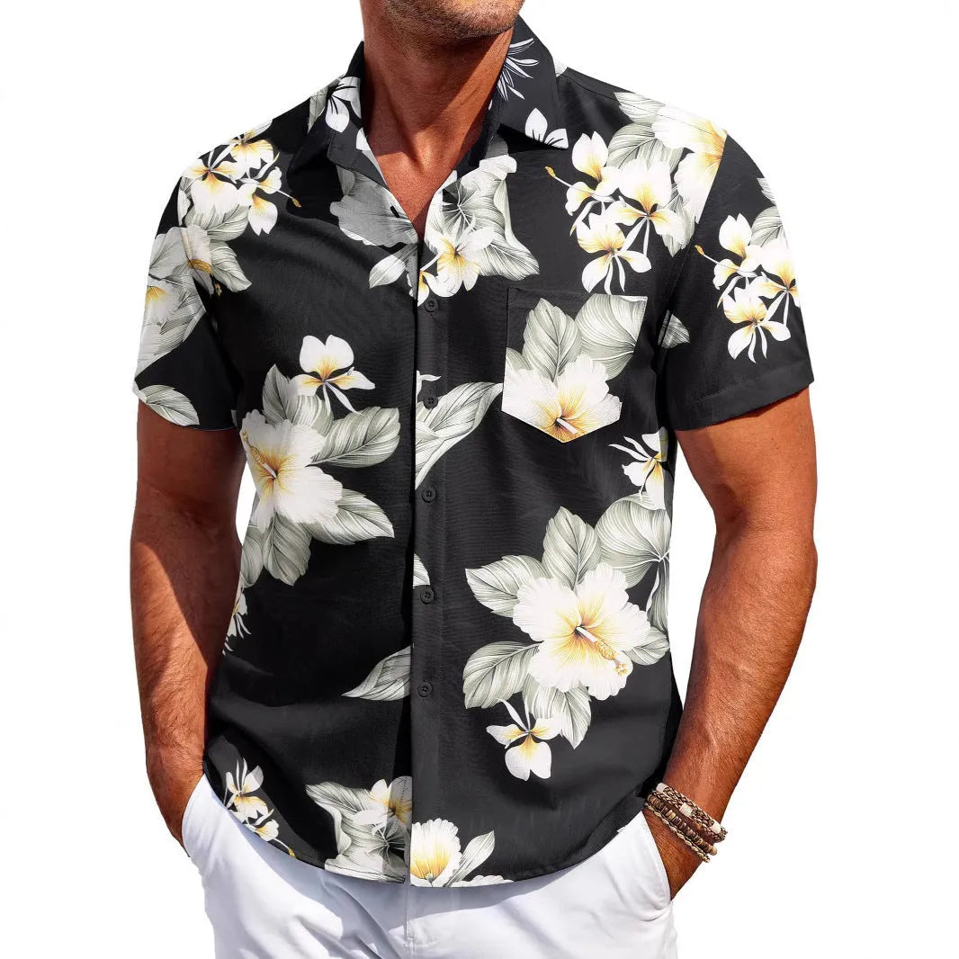 Man wearing a slim fit short sleeve Hawaiian shirt in a cardigan style with a bold pattern.