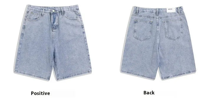 Men's straight-leg denim shorts in light blue, shown with a mid-rise waist and zip-fly closure