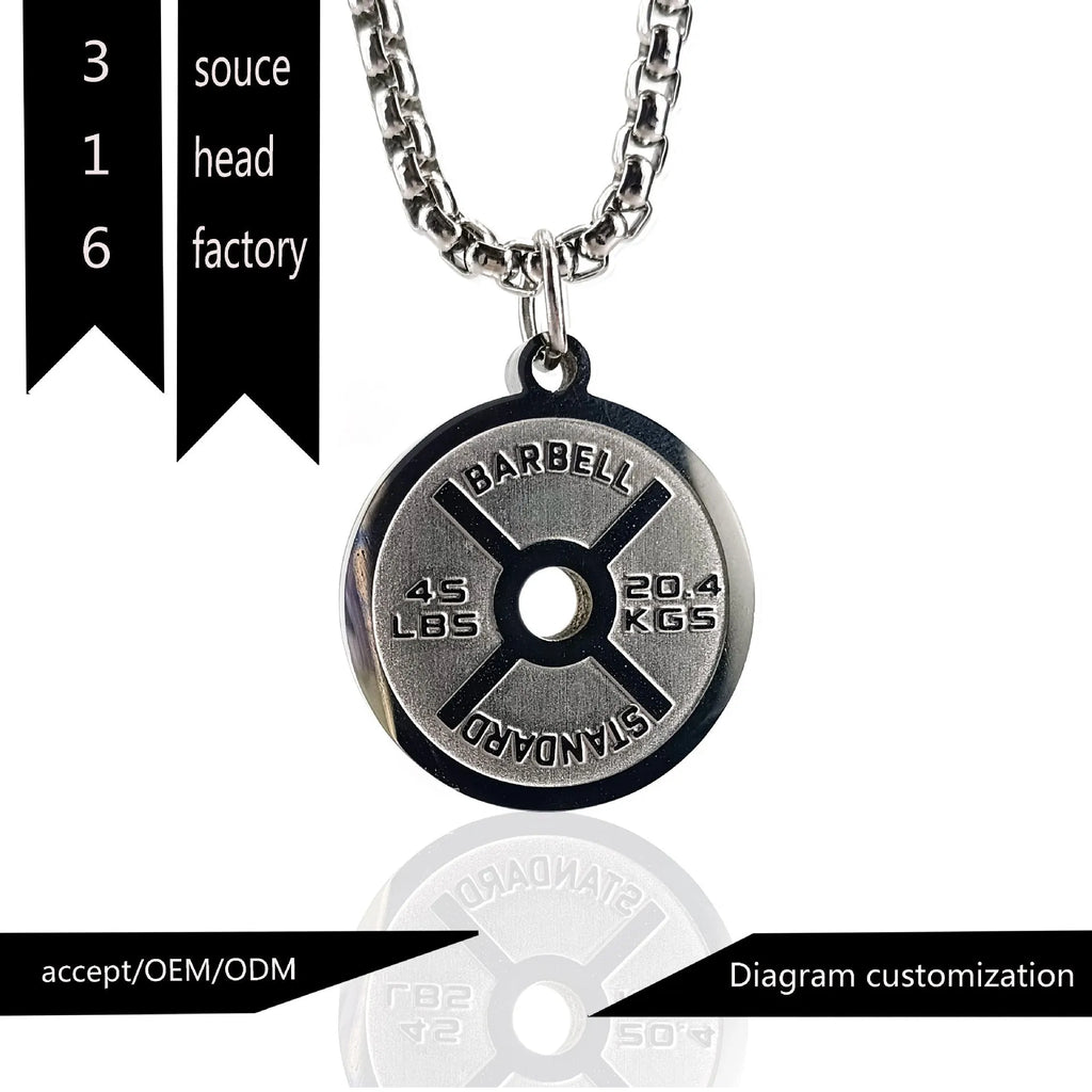 Stainless steel barbell disk necklace with geometric pendant on 60cm chain options