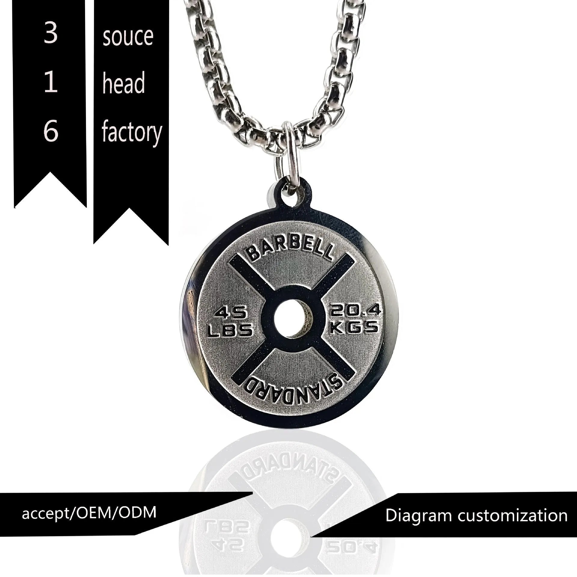 Stainless steel barbell disk necklace with geometric pendant on 60cm chain options