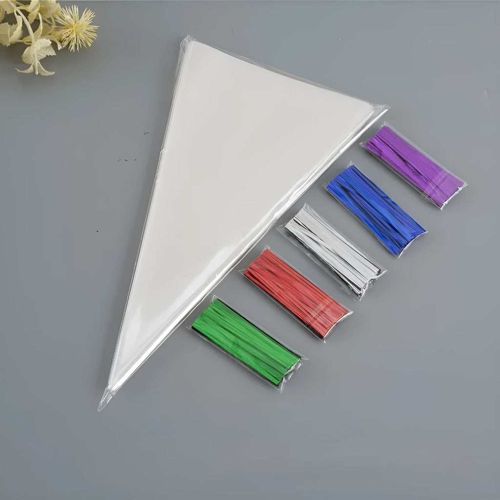 Clear triangle-shaped plastic packaging bag with a twisted wire tie closure on a white background.