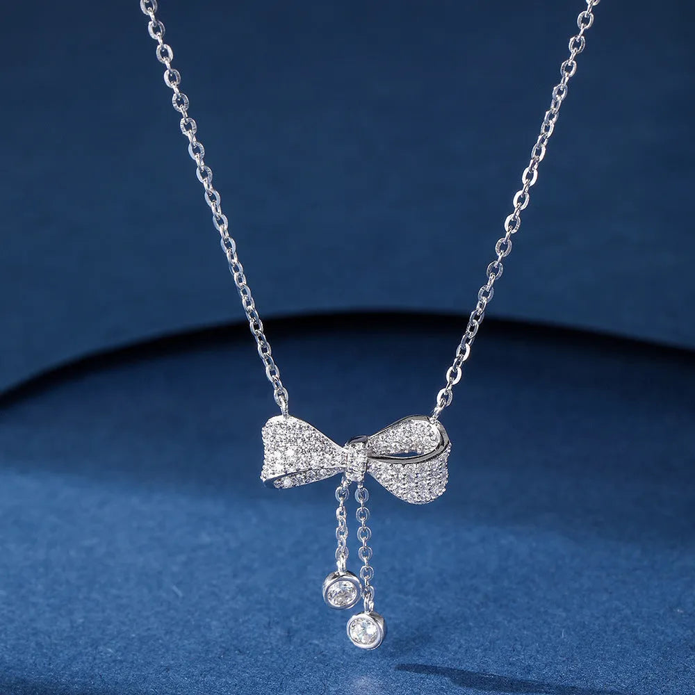 S925 sterling silver bow pendant necklace on adjustable 40cm-45cm O-ring chain