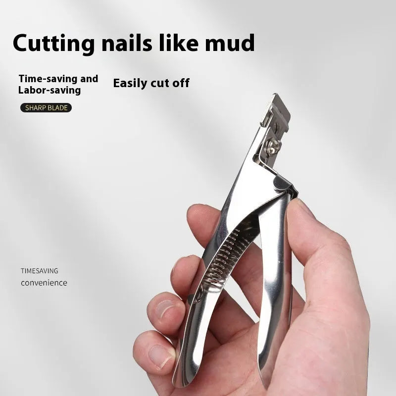 Stainless steel French U-shaped nail art scissors on a neutral background.