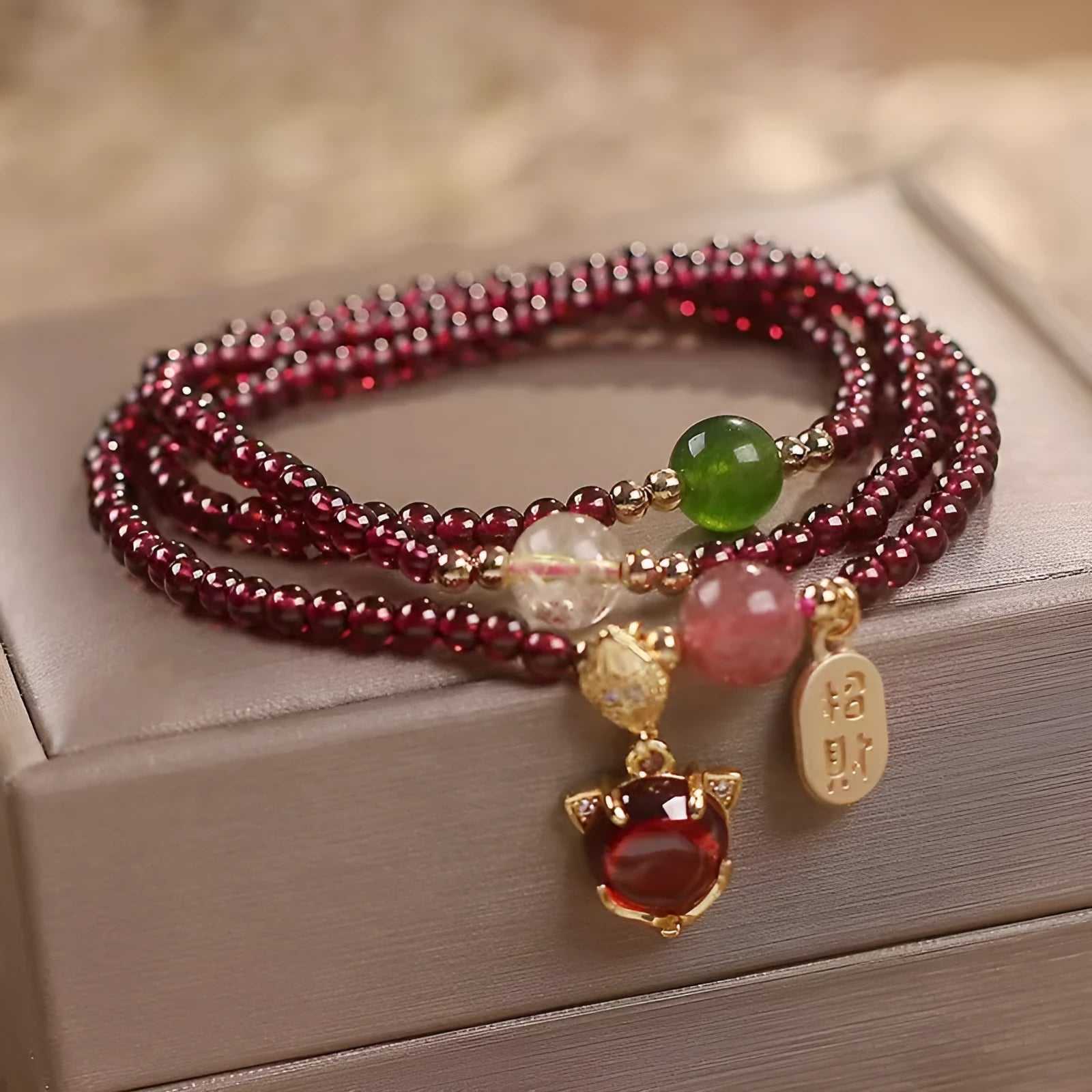Purplish red garnet fox charm bracelet with adjustable rope for women