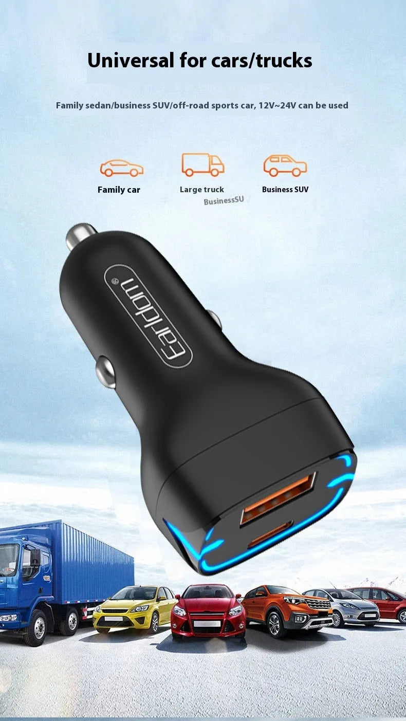 Black car charger with QC3.0 fast charging and PD USB output for cigarette lighter socket