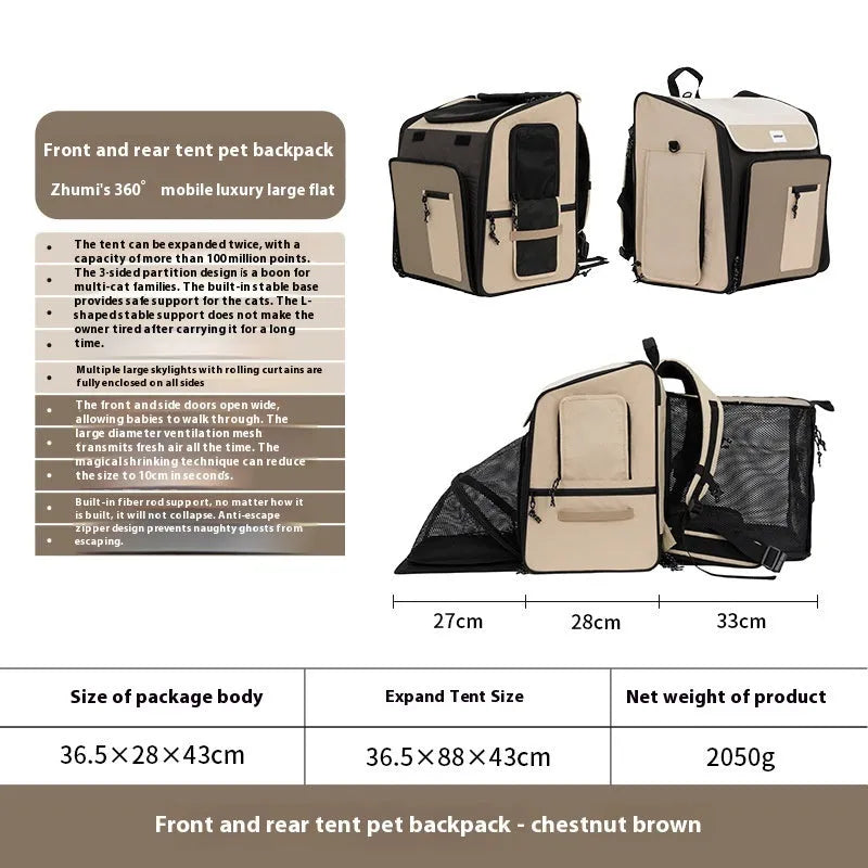 Pet cat and dog tent backpack in chestnut brown nylon for carrying pets up to 10kg