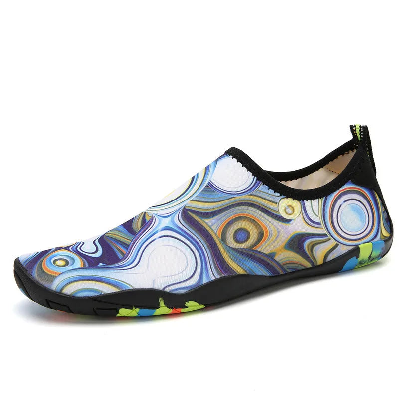 Lycra fabric beach wading shoes for swimming in blue, black, pink, purple, and camouflage colours