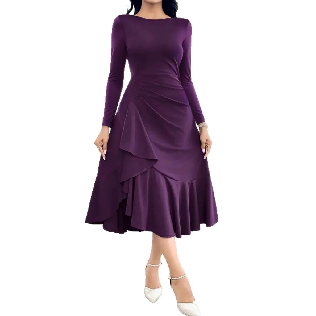 Purple women's long sleeve dress with round neck, mid waist, and ruffle details.