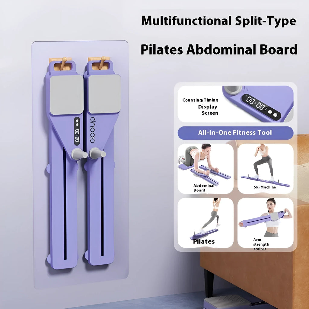 Split multifunctional skiing machine trainer in pink or purple colour, showing its 85cm length and PP construction.
