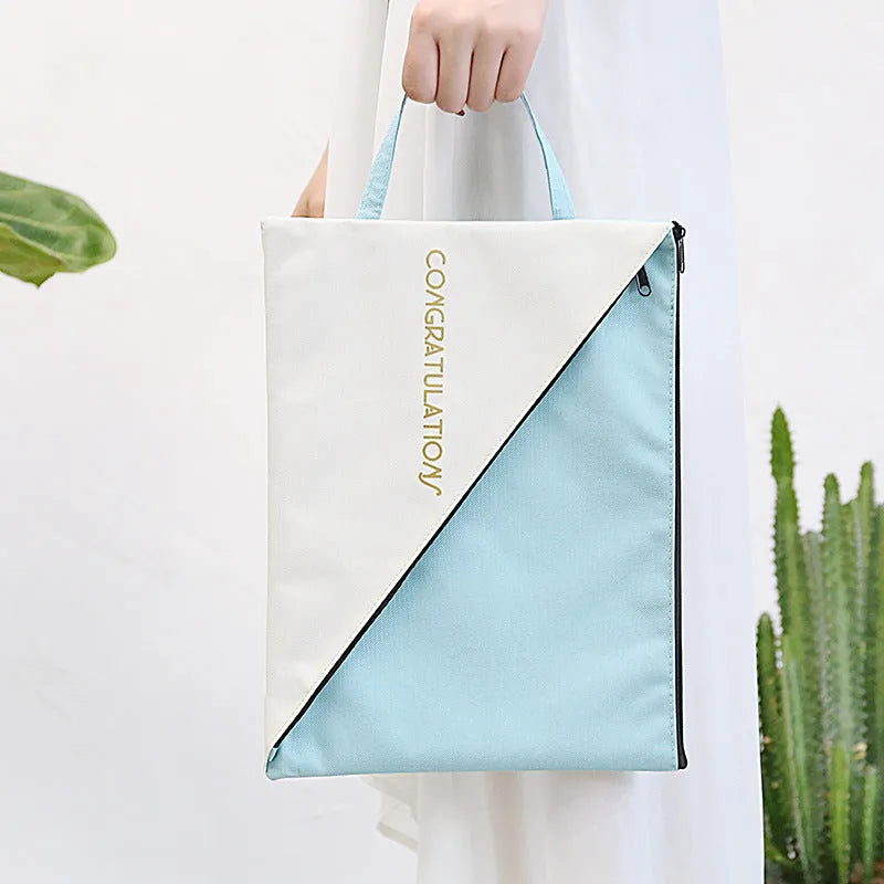 Blue double-layer zippered student document bag made from Oxford cloth, shown with A4 papers.
