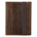 Brown Crazy Horse leather protective sleeve for A5 notebooks with a socket-type closure.