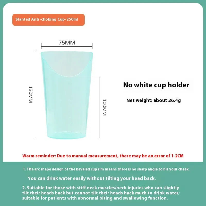 Bedside drinking cup with oblique anti-choke spout and handle for elderly and pregnant women