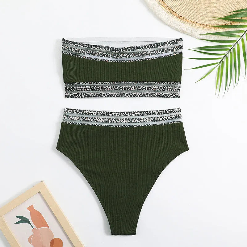 Black leopard print strapless bandeau bikini set with matching shorts