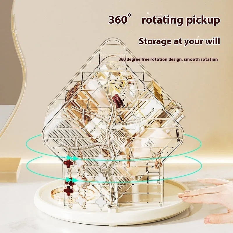 Rotating clear plastic cosmetic storage box organiser on a table.
