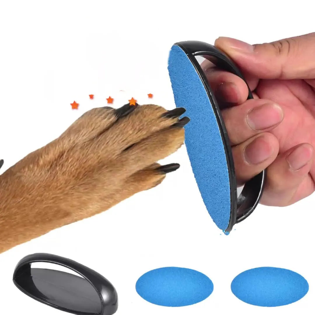 85mm round dog nail file scratch board with ergonomic handle in four colour options