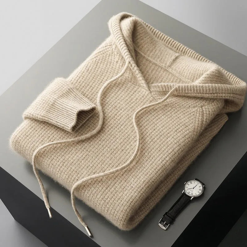Hooded cashmere sweater in camel, loose fit, long sleeves, winter pullover on model