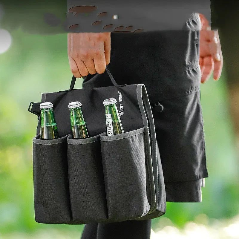 Bicycle handlebar-mounted drink holder bag in black with water bottle inserted