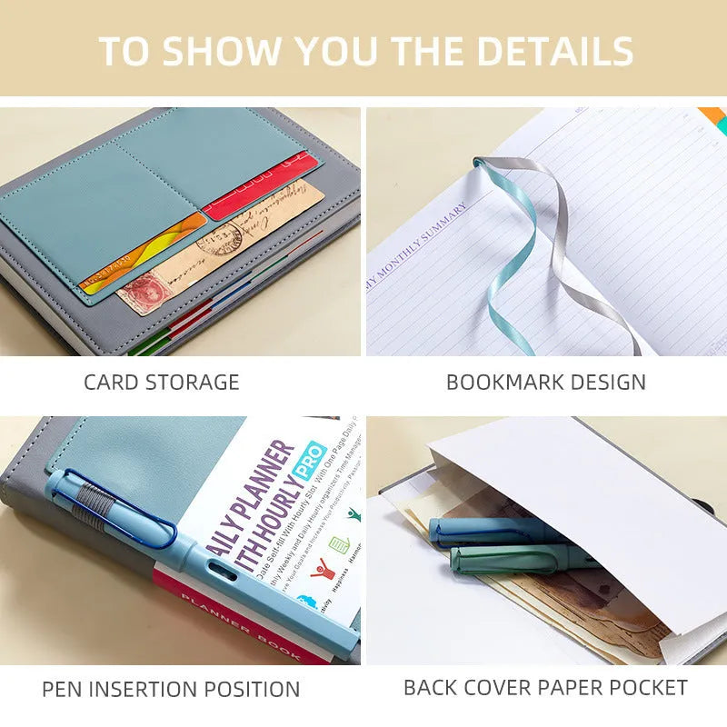 No date strap notebook with PU leather cover open to show 80g wood-free paper and thread binding