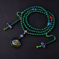 Handmade natural green agate bracelet with 108 beads and pendant, showing Thangka and Buddha bead style options.