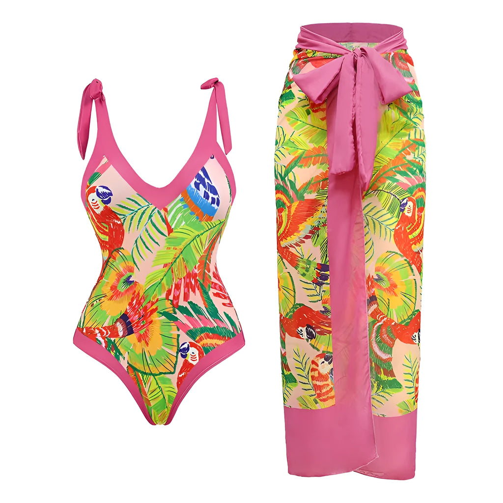 Women's solid colour one-piece swimsuit with spaghetti straps and matching skirt