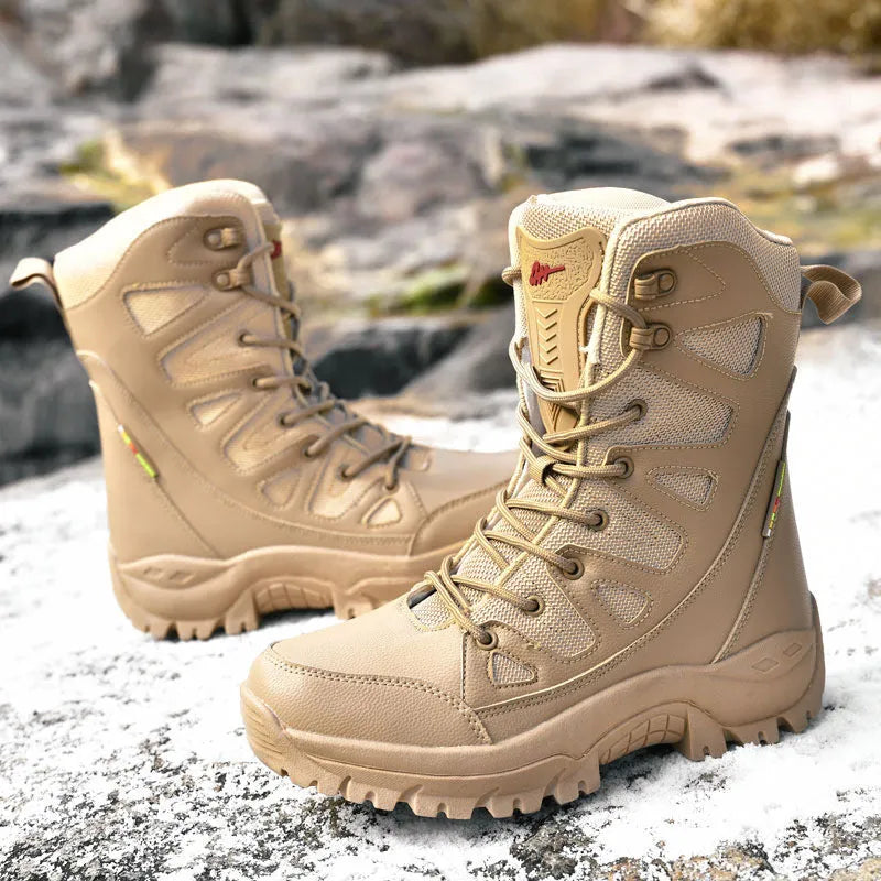 Men's cowhide hi-top hiking platform shoes in black colour for outdoor activities