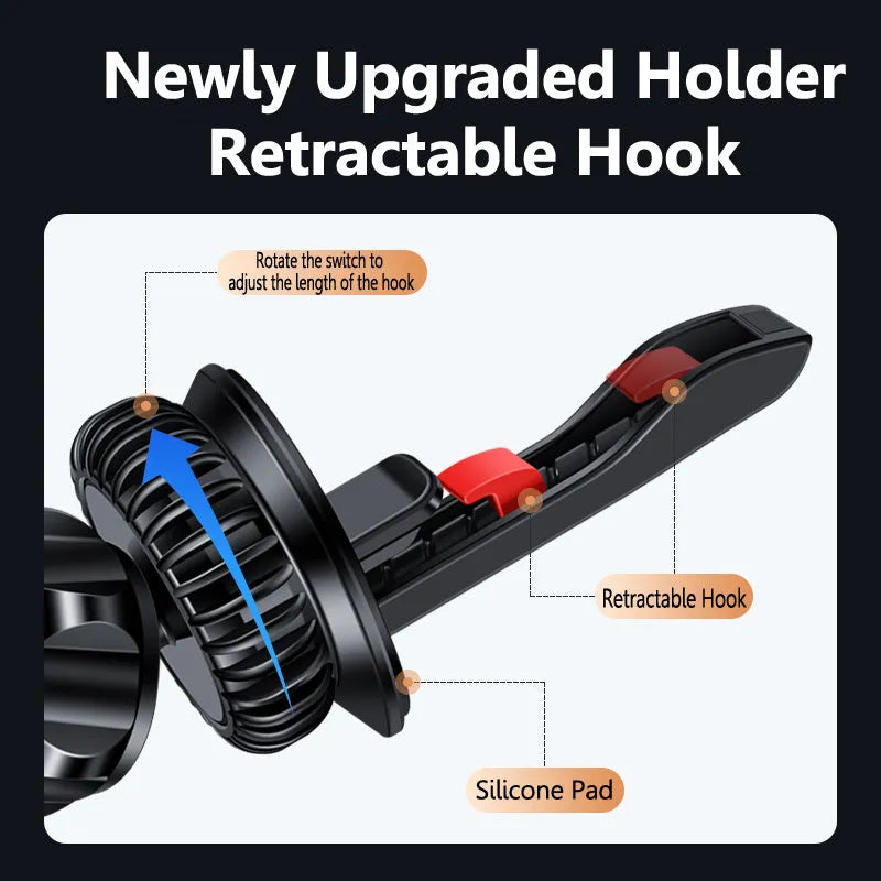 Black car air vent magnetic phone holder with adjustable clip and magnetic attachment