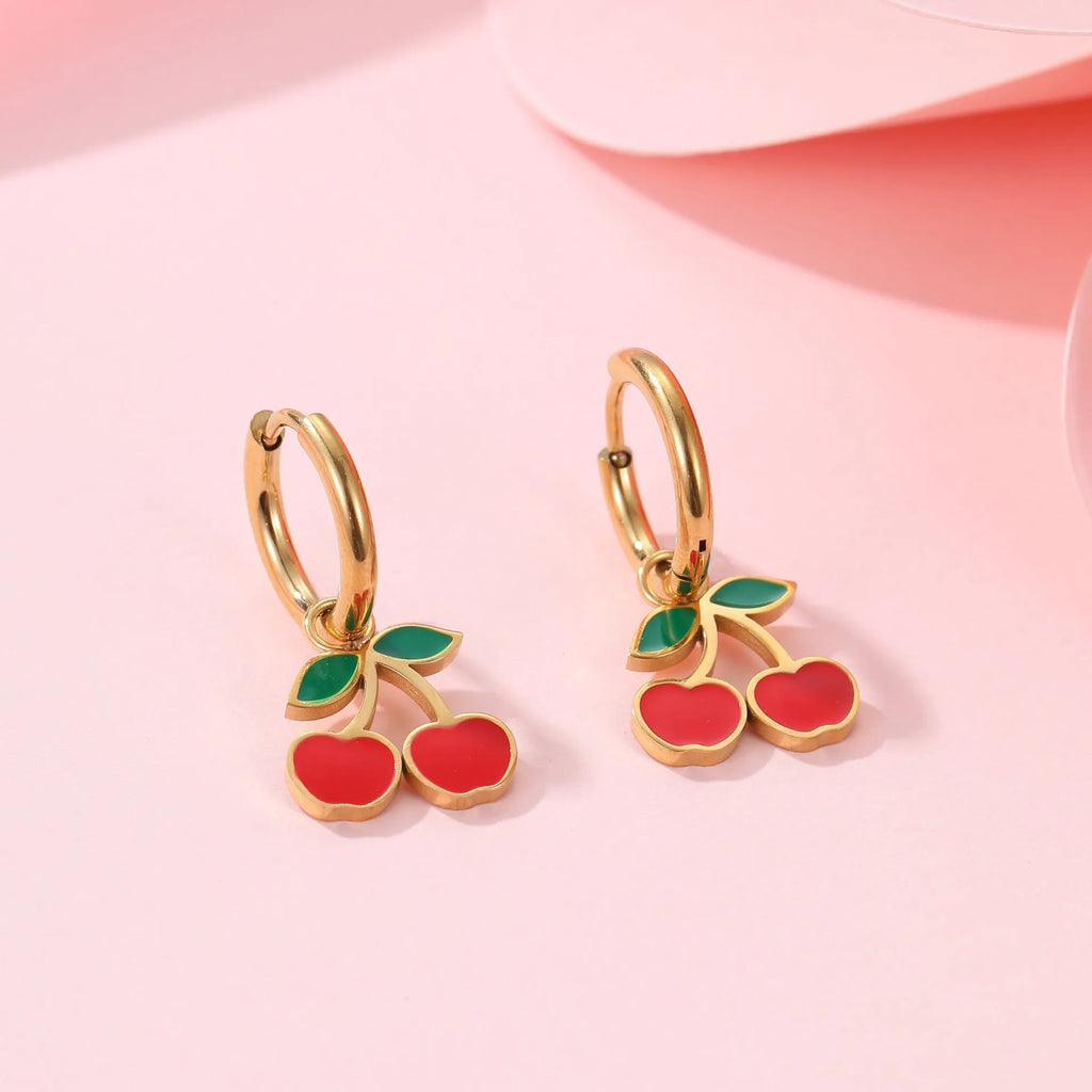 Cherry jewellery set showing necklace, bracelet, earrings, and ring in stainless steel with cherry design