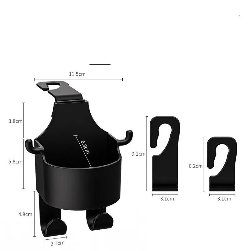 Black plastic car hook seat back organiser with cup holder mounted on vehicle headrest