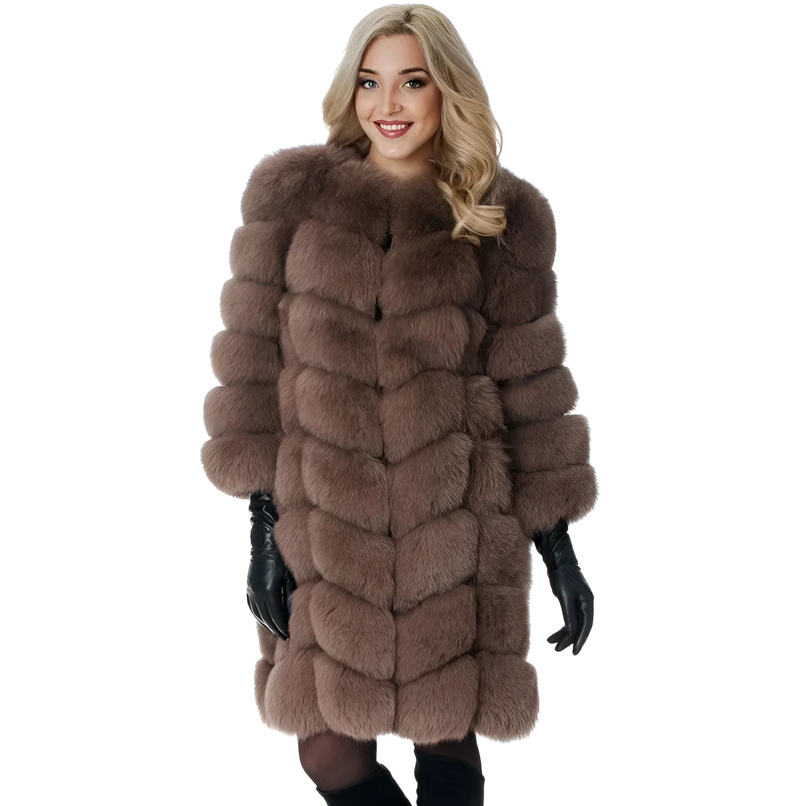 Women's thick warm artificial fur coat in multiple colours with regular sleeves and 80cm length