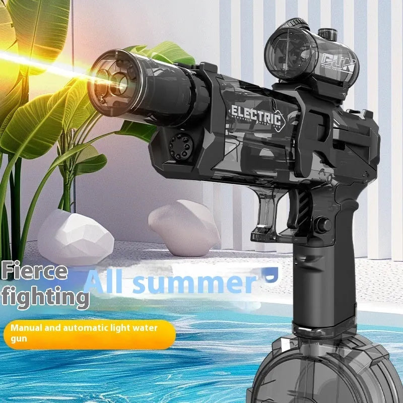 Fire Rat AC223 black and blue electric water pistol toy with LED lights on display