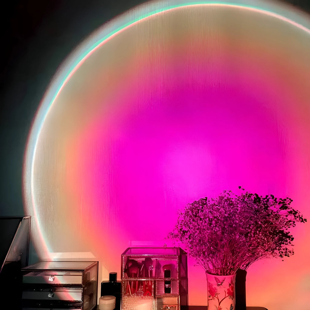 USB rechargeable sunset red rainbow projection atmosphere lamp with push button.