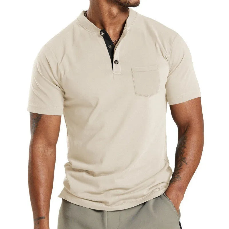 Plus size man wearing a short sleeve solid colour shirt with a button pocket on the sleeve.