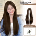 Natural black straight synthetic wig with forehead lace front, shown with hairnet, clips, comb, bracket, and care bottle.
