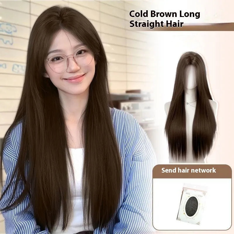 Natural black straight synthetic wig with forehead lace front, shown with hairnet, clips, comb, bracket, and care bottle.