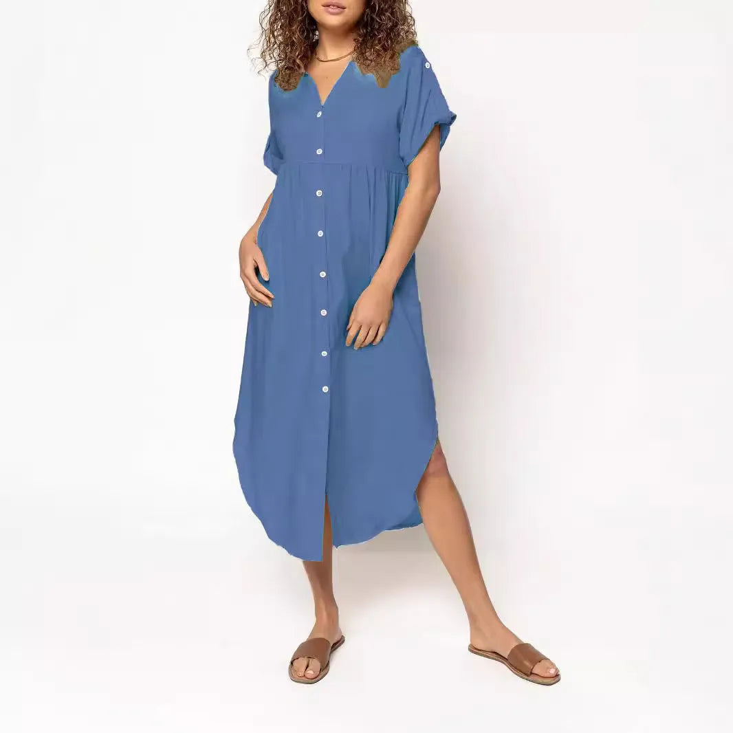 Loose fit solid colour mid-length casual dress with button front detail on a hanger
