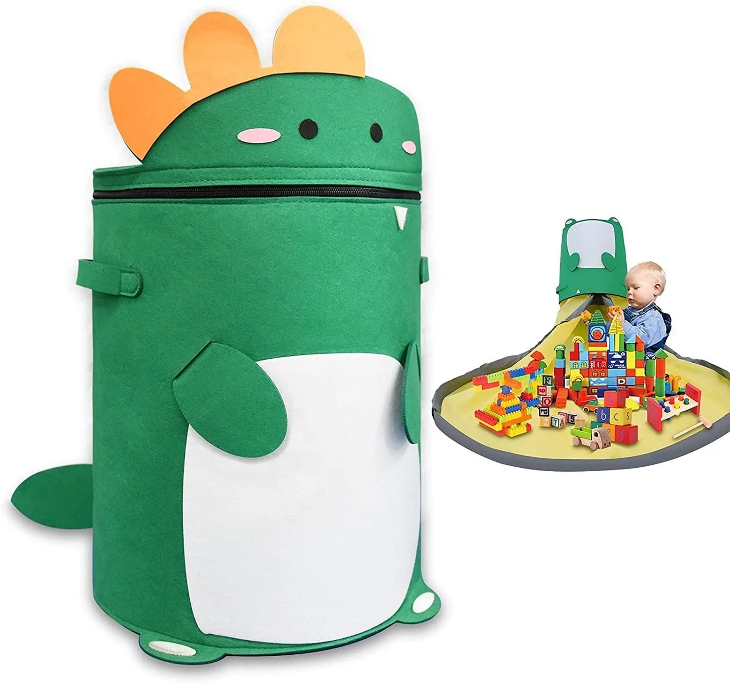 Green felt cube storage bag with a pull rope, shown unfolded as a flat play mat for toys.