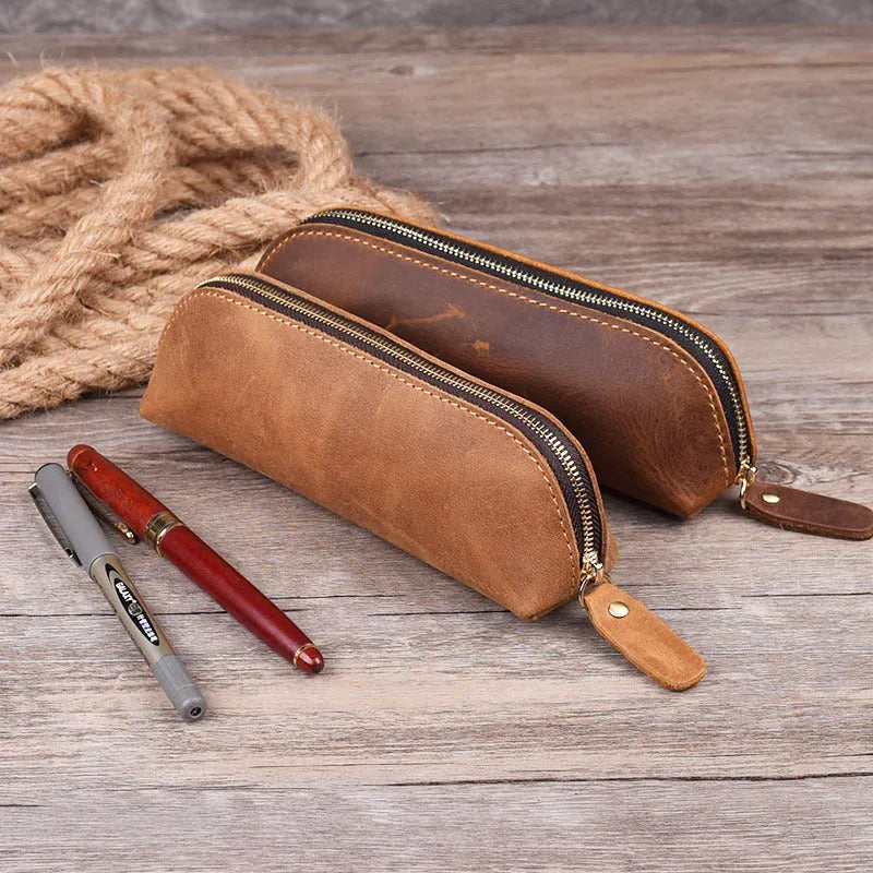 Handmade square leather pencil and glasses case with zipper closure in four colour options