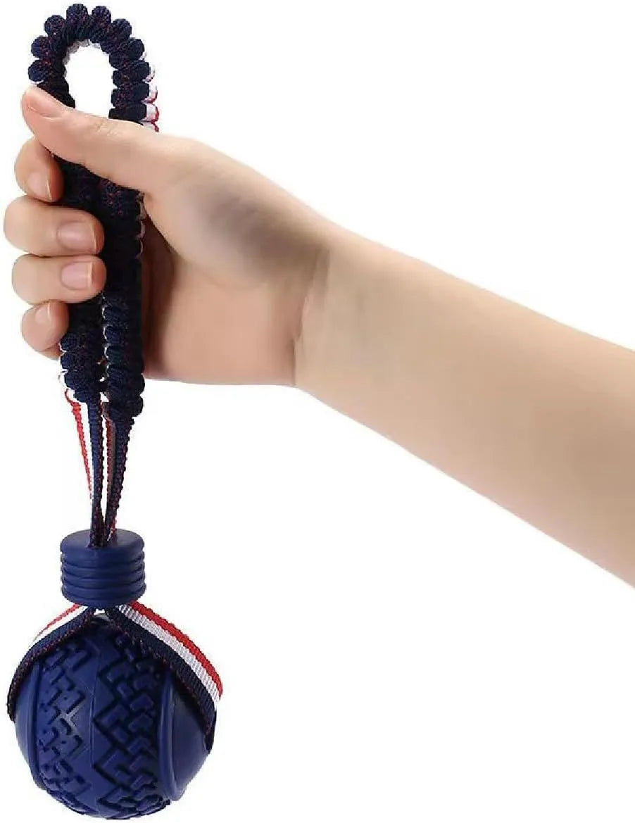 Blue dog ball with attached rope toy for small medium dogs showing textured surface