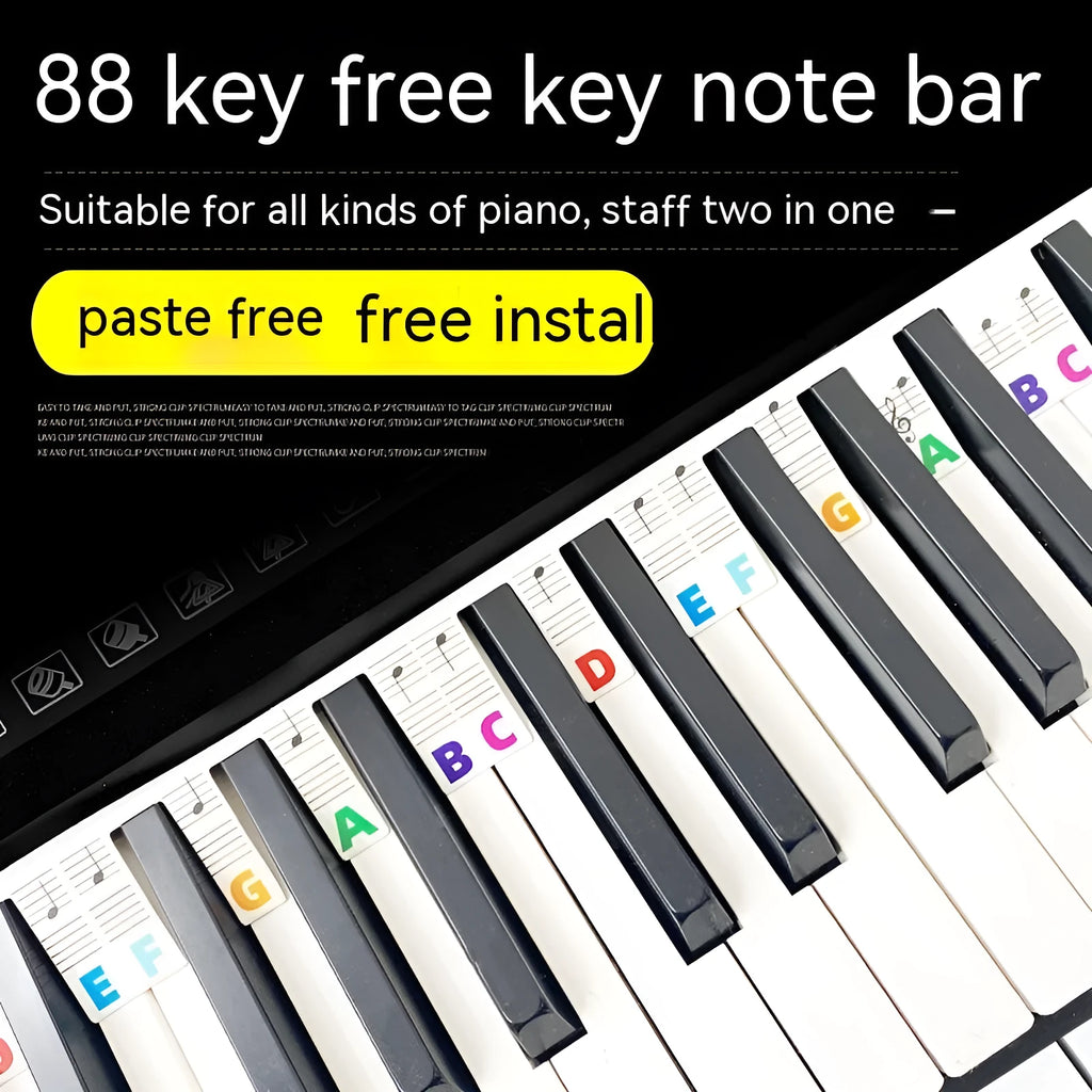Piano keyboard stickers set with black notes and colour note bar stickers for 88-key instruments