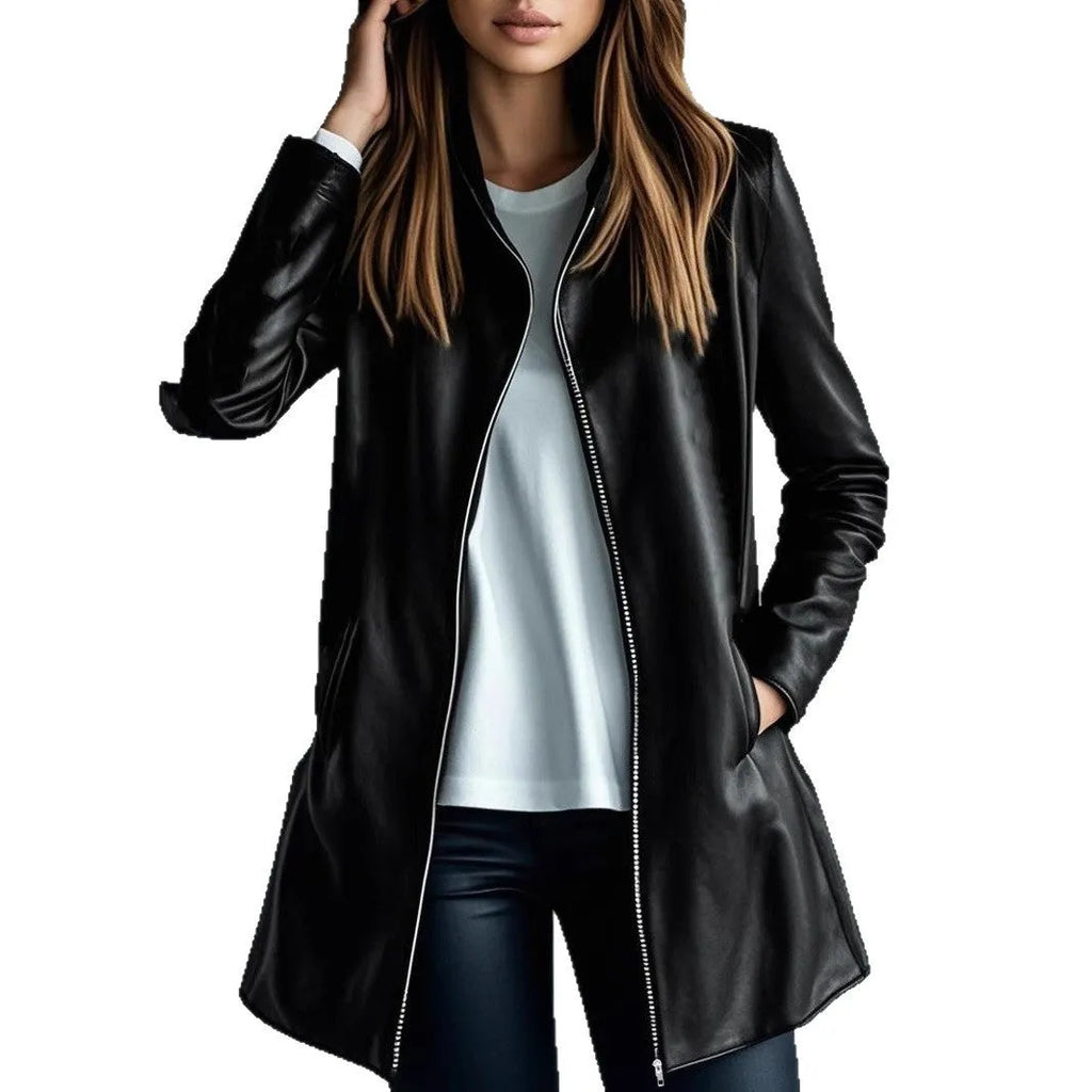 Black medium-length leather jacket for women with long sleeves.