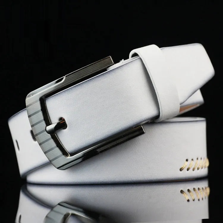 Men's imitation leather belt with retro pattern and alloy pin buckle in black, brown, or white