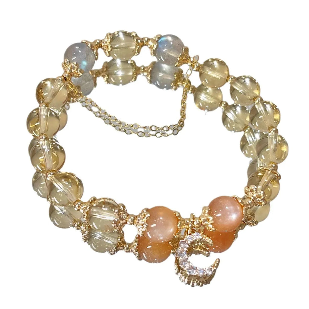 Citrine moonstone crystal bracelet with gold electroplated finish and diamond-shaped design