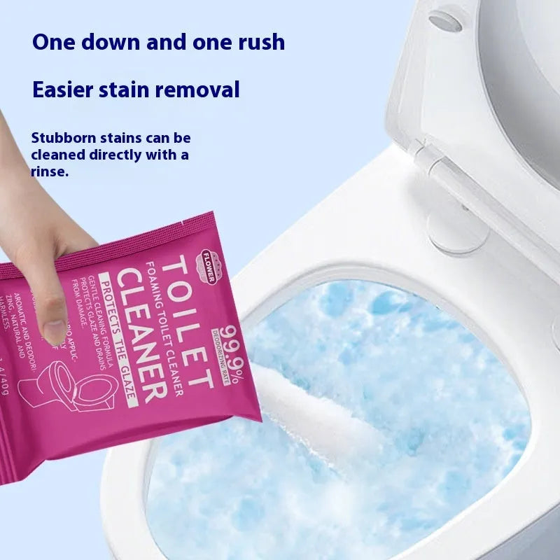 Toilet bubble powder cleaning product in blue ocean and pink floral fragrance variants