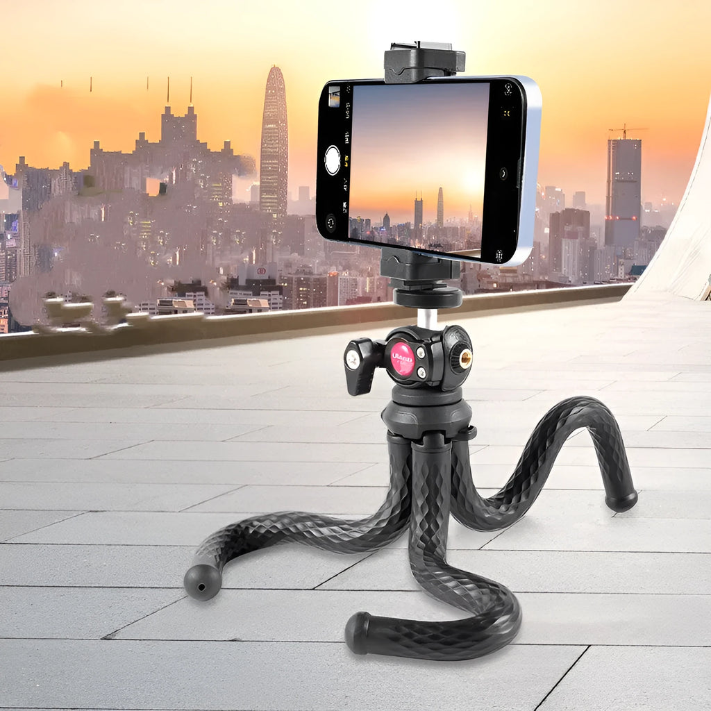 Black octopus-style mobile phone clip gimbal tripod set extended to 360mm with phone attached