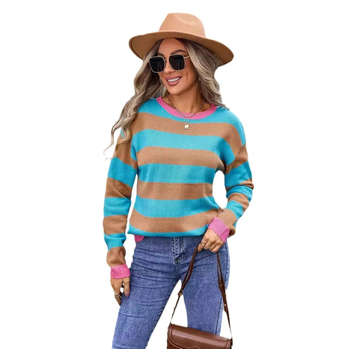 Women's acrylic floral pattern sweater in blue colour showing round neck and long sleeves