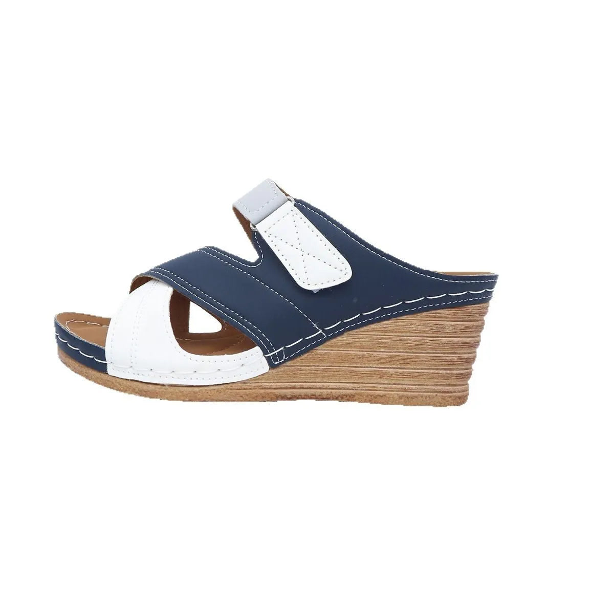 Women's velcro strap wedge slippers in a fish mouth design, shown in various colour options.