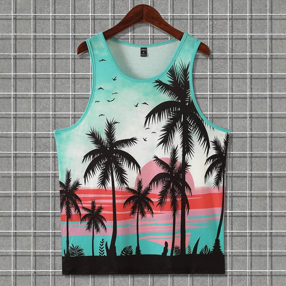 Man wearing a solid-colour 3D printed sleeveless vest in a Hawaiian style.